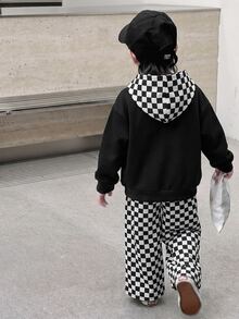 SHEIN 2件組小男孩休閒街頭風條紋連帽長袖衛衣與純色鬆緊腰運動長褲套裝，適合返校、生日、嬰兒洗禮、節日派對，秋冬穿著 - 彩色 - 查看 2