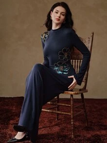 Anewsta Elegant French Style Demure Party Versatile Inner Layer Semi-High Neck Long Sleeve Sequin Floral Knit Contrast Lace Women's Long Dress - Navy Blue - View 2