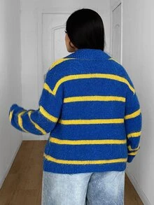 Maweii Plus Size Women's Striped Cardigan Sweater With Turn Collar Button Casual Colorblock Jacket - Blue - View 2