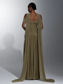 Elitara Elegant Green Minimalist Off-Shoulder Slimming Ruched Asymmetrical A-Line Dress With Waist Twist (Includes Detachable Halter Neck Drape) Suitable For Weddings, Formal Events And Heavy-Embellished Evening Gowns - Olive Green - View 2