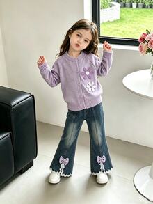 SHEIN Elladie kids 女童韓系簡約花卉刺繡棕色長袖開襟外套，搭配開衩喇叭牛仔長褲，秋季7歲生日穿搭 - 淡紫色 - 查看 7