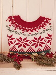 Comfortcana Women's Christmas Print Round Neck Long Sleeve Sweater - Red - View 11