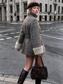 Struktiv Women Plaid Wool Blend Coat Faux Fur Cuff Belted Stand Collar Button Outerwear Fall Winter Retro Green - Mint Blue - View 3