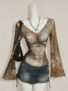 SHEIN ICON 秋季女款西式波希米亞風青色滿版印花V領抓褶優雅長袖襯衫 - 彩色 - 查看 1