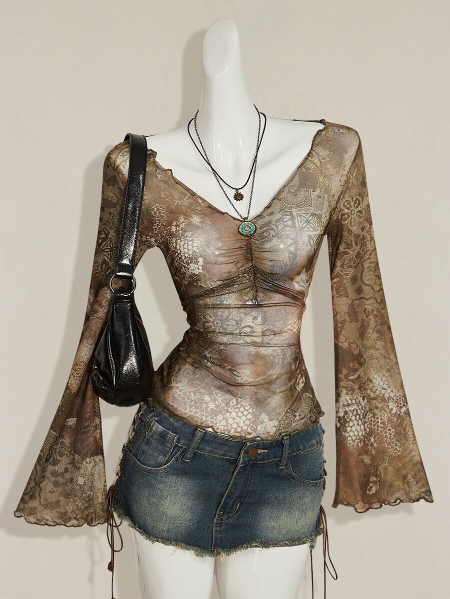 SHEIN ICON 秋季女款西式波希米亞風青色滿版印花V領抓褶優雅長袖襯衫 - 彩色 - 查看 1