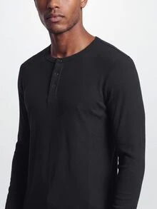 TekDrob Ribbed Henley T-Shirt With Long Sleeves And Far Infrared Heating Effect - Black - View 3