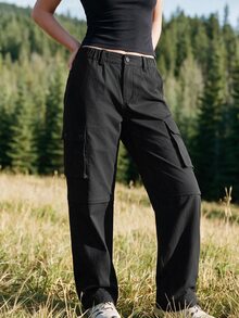 WanderVale Women's Solid Color Pocket Casual Daily Outdoor Long Pants - Black - View 4