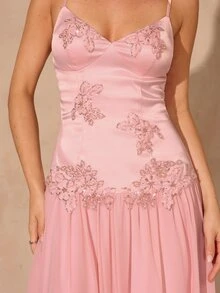 Enchnt Premium Winter Romantic Women's Elegant Pink Applique Decorated Ruffle Hem Party Prom Dress,Thanksgiving,Luxury Wedding Evening Dress,Christmas - Baby Pink - View 2
