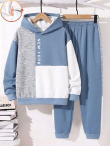 Tween Boy Casual Minimalist Long Sleeve Hooded Comfortable Sweatshirt 2 Pieces Set, Suitable For Autumn/Winter, Classic Handsome Cool Color Block Patchwork, Classic City Name New York Text Graphic Print - Multicolor - View 3