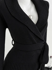 Elamini Sexy Style Deep Brown Oversized Collar Cross Waist Tie Women's Sweater - Black - View 4