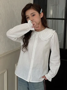 Dazy Kids Tween女孩秋季服飾 蕾絲娃娃臉泡泡袖長袖甜美襯衫 - 白色 - 查看 4
