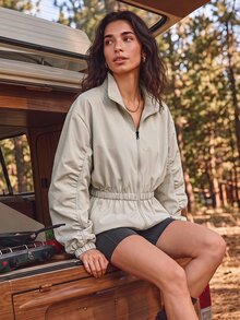 Exploreva Exploreva Women's Outdoor Minimalist Zipper Waist-Cinching Pocket Jacket - Apricot - View 6