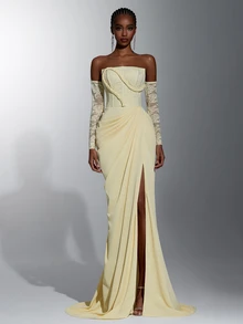 Elitara Elegant Luxurious Yellow Sexy Strapless Satin Contrast Lace Ruched Slit Back Tie-Up Braided Rope Decor Mermaid Dress For Wedding Events, Bachelorette Party, Vacation, Ball, Evening Gala - Yellow - View 1