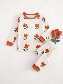 SHEIN Baby Girl Snug Fit Round Neck Long Sleeve Top And Long Pants Loungewear Set(1 Random Sets) - Orange - View 3