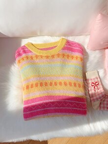 Comfortcana 女款條紋圓領長袖休閒寬鬆毛衣 冬季衣著 2000年代風格上班上衣 - 彩色 - 查看 8
