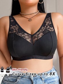 SHEIN CURVE+ Plus Size Solid Color Mesh Insert Wireless Curved Brasummer/Country/Beach Vacation Outfits - Black - View 5