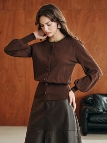 Anewsta Autumn 2 In 1 Knit Cardigan Top - Coffee Brown - View 1