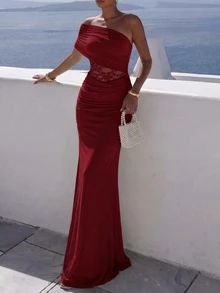 Aloruh Black Mesh Fitted Long Dress For Women - Burgundy - View 5