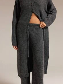COSMINA Bộ 2 món áo cardigan len dệt kim một hàng khuy và quần len dệt kim phong cách thường ngày cho nữ - Màu xám đen - Xem 7