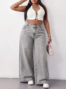 SHEIN Tall CURVE 大尺碼時尚街頭風鈕扣口袋寬鬆牛仔褲 - 淺灰色 - 查看 7