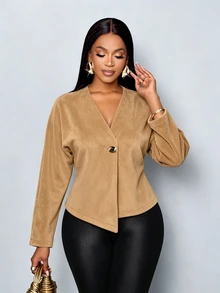 SOLERSUN Women's Autumn/Winter Casual Commute Khaki Wool-Like Fabric V-Neck Asymmetric Hem Button Long Sleeve Jacket - Khaki - View 5