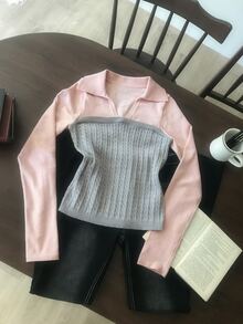 DAZY Women's Colorblock Fitted Long Sleeve Collared Cable Knit Casual Vacation Korean Style Versatile Everyday Autumn/Winter Sweater - Grey - View 3