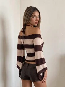 SHEIN ICON Women's Striped Halterneck Halter Neck Bell Sleeve Fashion Sweater - Brown - View 2