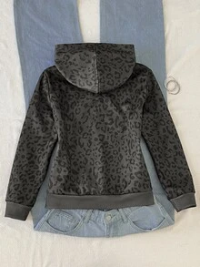SHEIN 青少年女孩秋冬日常街頭風豹紋字母標語紐約市圖案連帽拉鍊寬鬆夾克深灰色Y2K - 深灰色 - 查看 2