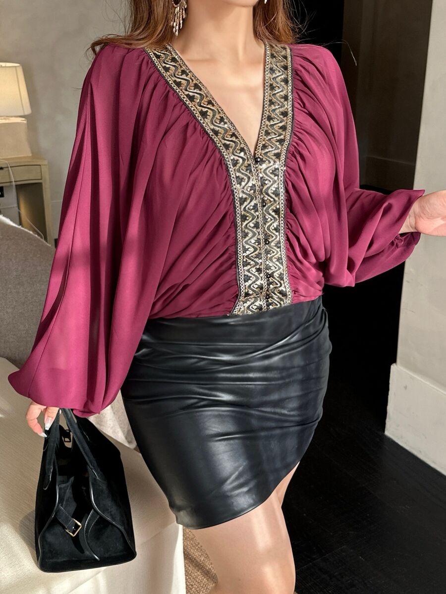 Vibekara Plus Size Purple Batwing Sleeve Shirt With Lace Trim Placket, Casual And Comfortable For Early Autumn - Red Violet - View 1