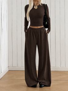 SHEIN EZwear طقم نسائي بلون موحد بأكمام طويلة و بنطال كاجوال للاستخدام اليومي - بني - مشاهدة 7
