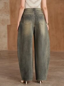 Anewsta Women's Pocket Design Rhinestone Wide Leg Loose Casual Vintage Streetwear Denim Jeans Night Out Grey Fall - Dusty Blue - View 2