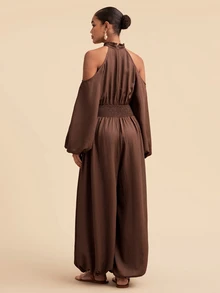 Travachic Women's Solid Color Cold Shoulder Casual Daily Wear Jumpsuit Lantern Pants - Khaki - View 2