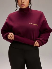EMERY ROSE Plus Size Women's Letter Print Stand Collar Casual Daily Long Sleeve Sweatshirt - Red - View 6