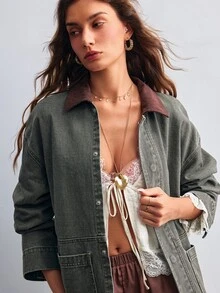 Willow Rêve Jaket Denim Hijau Wanita dengan Kerah Korduroi Kontras, Potongan Longgar - Hijau Tentara - View 5