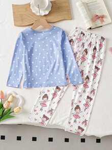 女童可愛芭蕾舞印花長袖牛奶絲面料居家服套裝，圓領卡通鬆緊褲，2件套，秋冬款 - 藍色 - 查看 2