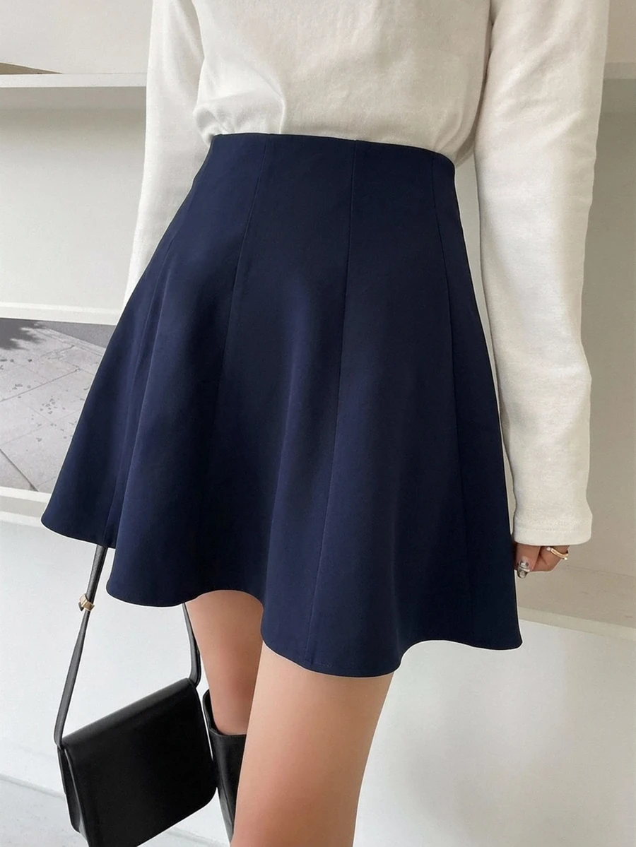 DAZY 女款純色高腰休閒百搭裙 - 藏蓝色 - 查看 1