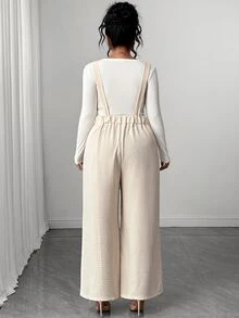 Elenzga Plus Size Colorblock Woven Wide Leg Overalls With Wide Strap, Button Detail At Waist Connection, Fashionable Retro Casual Commute Vacation Pastoral Style Jumpsuit - Apricot - View 2