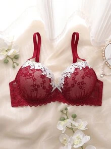 DelicateAllure Underwire Molded Cup High Support Push Up Lift Comfy Balconette Lace Trim Mesh Patchwork Pure Romantic Elegant Exquisite Plus Size Bra - Red - View 7