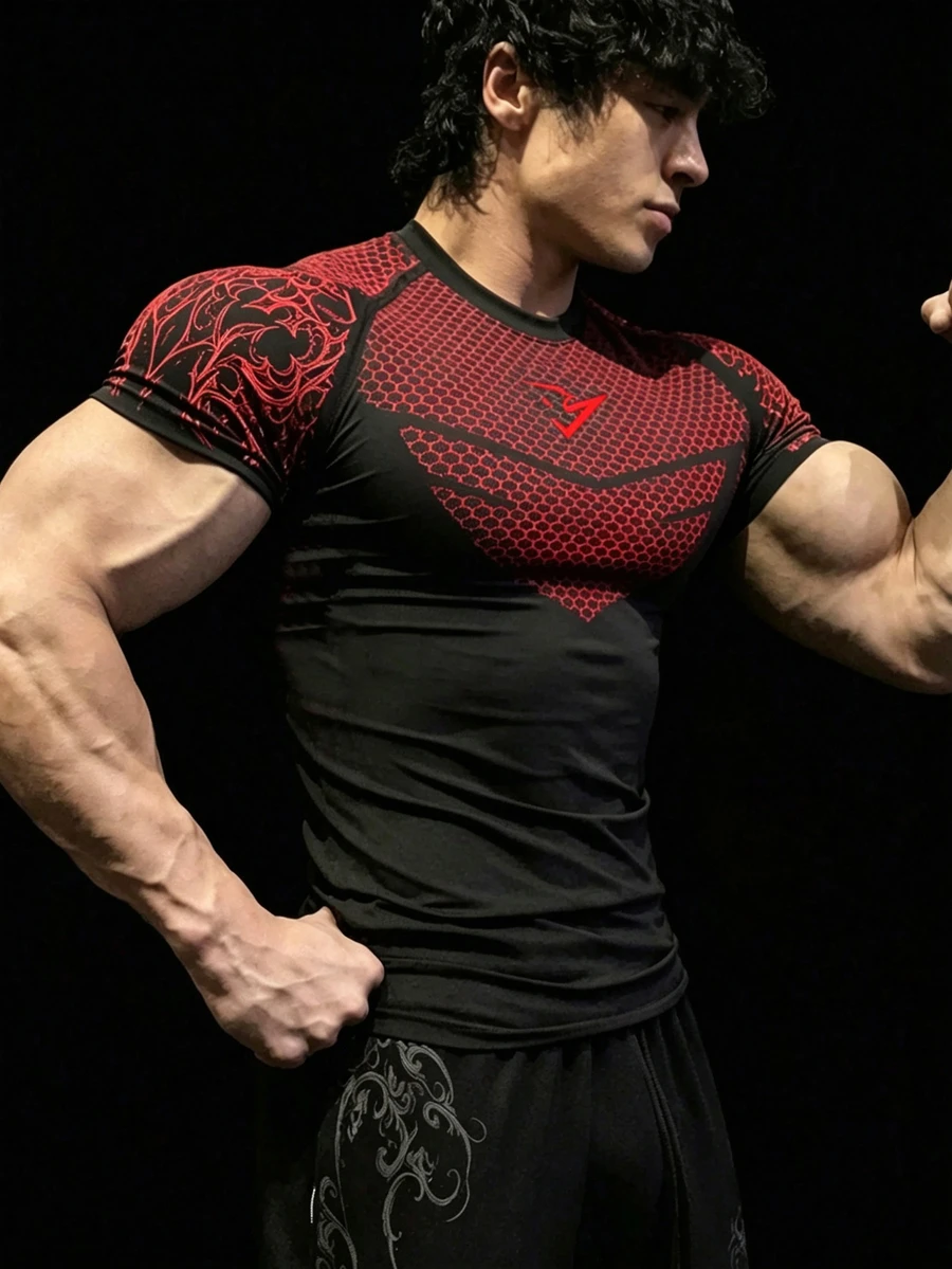 RISE LYT Men's Dashed Print Contrast Color Casual Round Neck Short Sleeve Sports T-Shirt, Gym - Black - View 1
