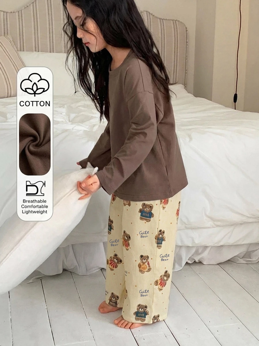 Dazy Kids 女童秋季圓領針織長袖T恤+長褲居家休閒套裝 - 黃色 - 查看 1
