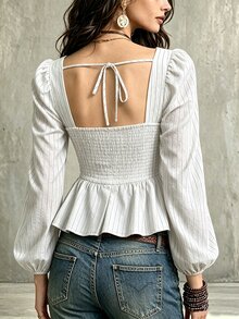 SHEIN Ins法式條紋方領女款襯衫 - 白色 - 查看 2
