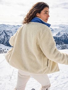 Exploreva Women's Colorblock Zipper Front Fleece Outdoor Jacket - Beige - View 2