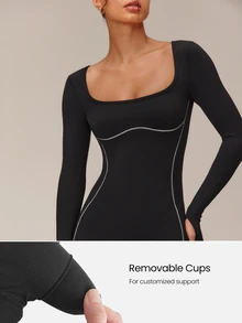 GLOWMODE 28" FeatherFit™ Keep Glowing Color-Blocked Contour Bodysuit With Cutout Back & Thumbholes Yoga Pilates Studio Daily Active Wear - Black - View 3