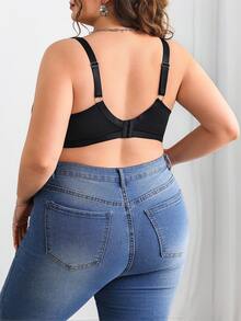 SHEIN CURVE+ Plus Size Solid Color Mesh Insert Wireless Curved Brasummer/Country/Beach Vacation Outfits - Black - View 2