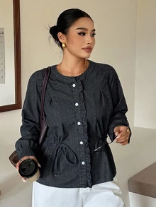 Dazy Plus Loose Round Neck Long Sleeve Drawstring Ruched Ruffle Elegant Casual Vintage Blouse Fall Denim Top Holiday Office Grey - Brown - View 3