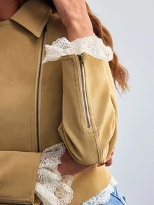 Willow Rêve Women's Solid Color Long Sleeve Lapel Zipper Asymmetric Design Cropped Jacket - Khaki - View 6