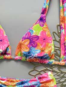 SHEIN Swim Women's Sexy Beach Vacation Bikini Set, Spring/Summer, Multi-Color Fashion Popular Colors, Halter Tie + Back Tie Bikini Top, Sexy Ruched Back + Side Ruched Waist Design Bikini Bottom, Street Style Music Festival Party Pool Swimsuit - Multicolor - View 6