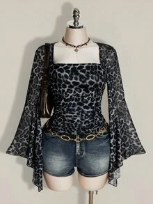 SHEIN ICON Plus Size Women Leopard Print Fitted Versatile Everyday Top - Grey - View 1