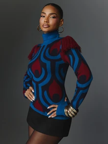 NYA SZN Knit Sweater Maxi Retro Long Sleeve Color Block Holiday Festival Special Occasion Everyday Casual Work Concert Going Out Club Party Blue Fall Winter - Multicolor - View 6