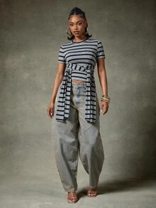Denimoi Tie Front Stripe Top Fashion Tops Fashion Tshirt Everyday Wear Fashionable Streetwear - Dark Grey - View 3
